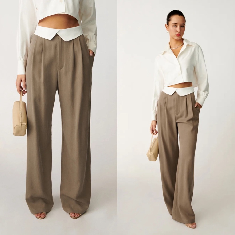 Reformation Stevie Pleated Wide Leg Pant In Mushroom Size 6